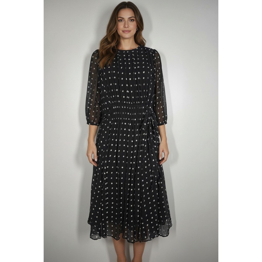 LK Bennett Black Silk Polka Dot Smocked Midi Dress Black Jackina Womens 8
